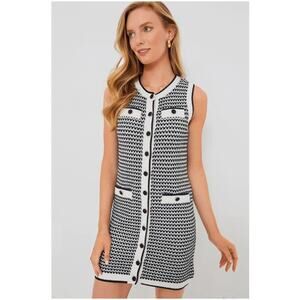Tuckernuck Pomander Place Navy Stripe Bardot Mini Dress Knitted Button Large NEW